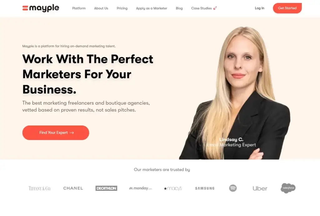 Mayple website homepage displaying a female Fractional Leadership marketing expert, Lindsay C., with client logos.