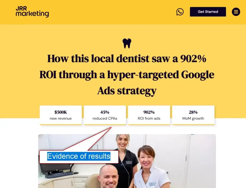 Landing page showing a case study for a dentist with 902% ROI from ads, highlighting how much a landing page cost can vary with results.