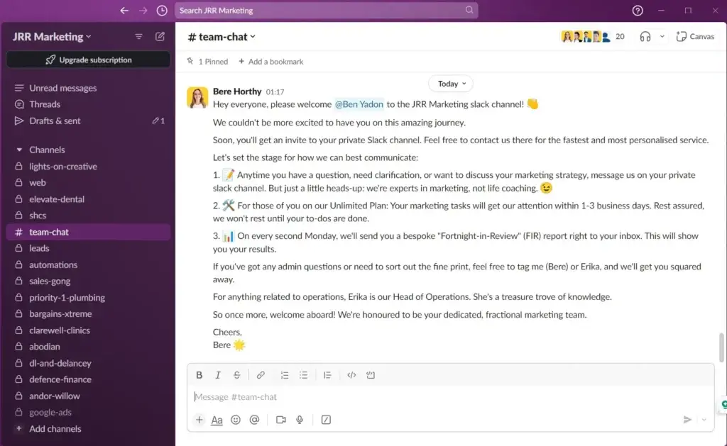 Screenshot of a Slack welcome message from Bere Horthy to Ben Yadon, outlining communication for fractional marketers.
