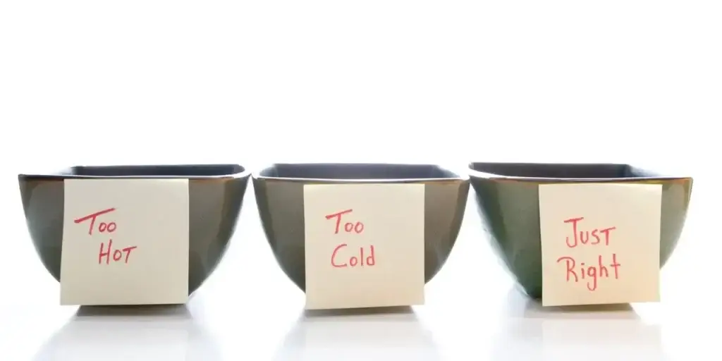 Three bowls with sticky notes labeled 'Too Hot', 'Too Cold', and 'Just Right', illustrating the decoy effect.