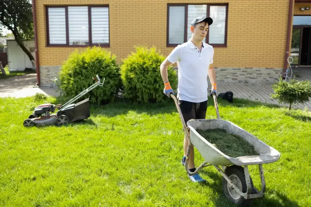 Young man in a cap and gloves pushes a wheelbarrow full of grass clippings across a green lawn, demonstrating weather based marketing for lawn care.