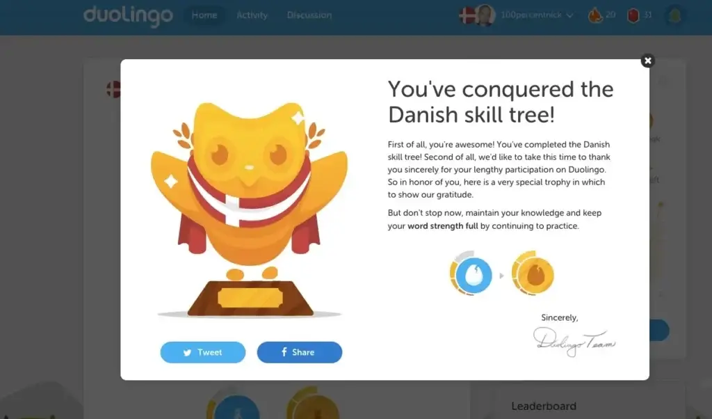 Duolingo congratulating a user for conquering the Danish skill tree, exemplifying the self enhancement bias in action.