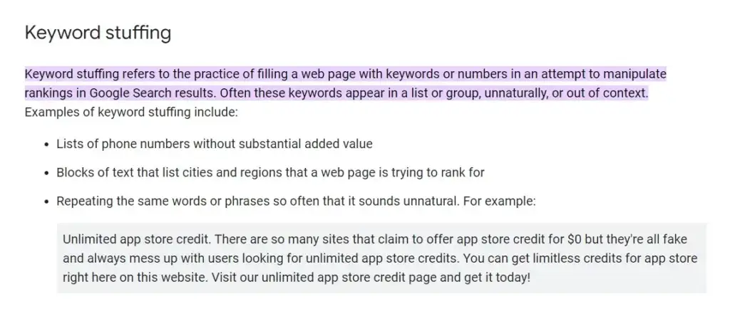 Screenshot of Google's definition of keyword stuffing, explaining how too many SEO keywords can manipulate rankings.