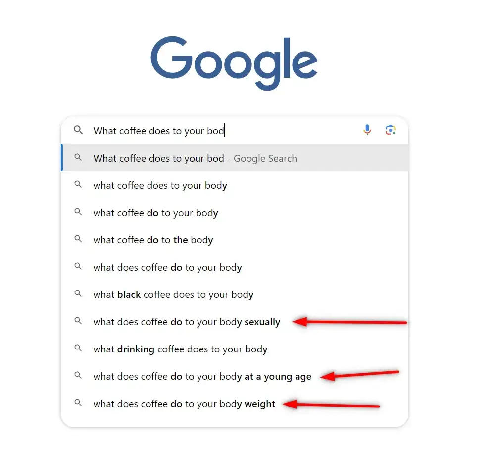 Google search results showing various long-tail keyword suggestions for 'What coffee does to your body', useful for understanding how many SEO keywords to use.