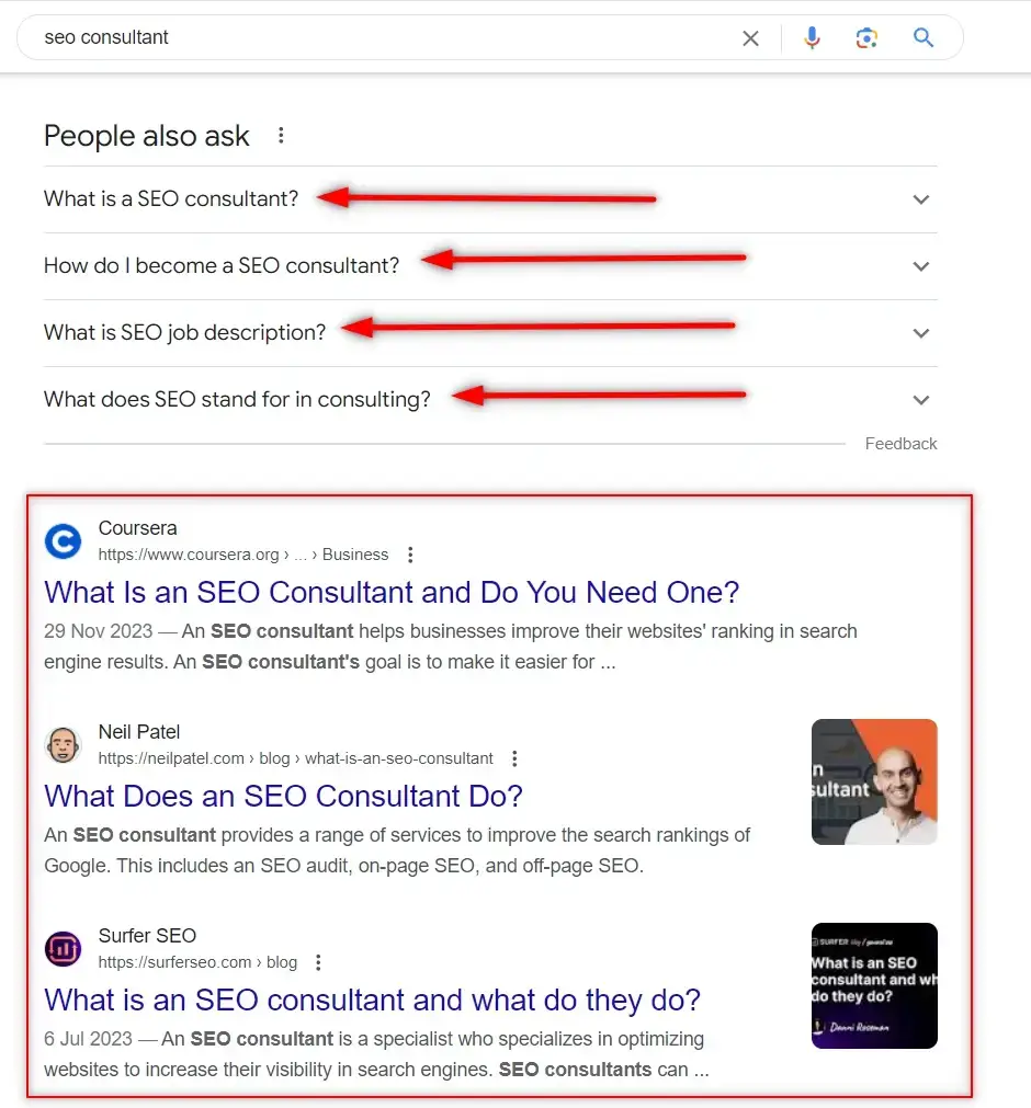 Google search results page for 'SEO consultant' showing 'People also ask' questions and top organic listings. How many SEO keywords should I use is a common query.