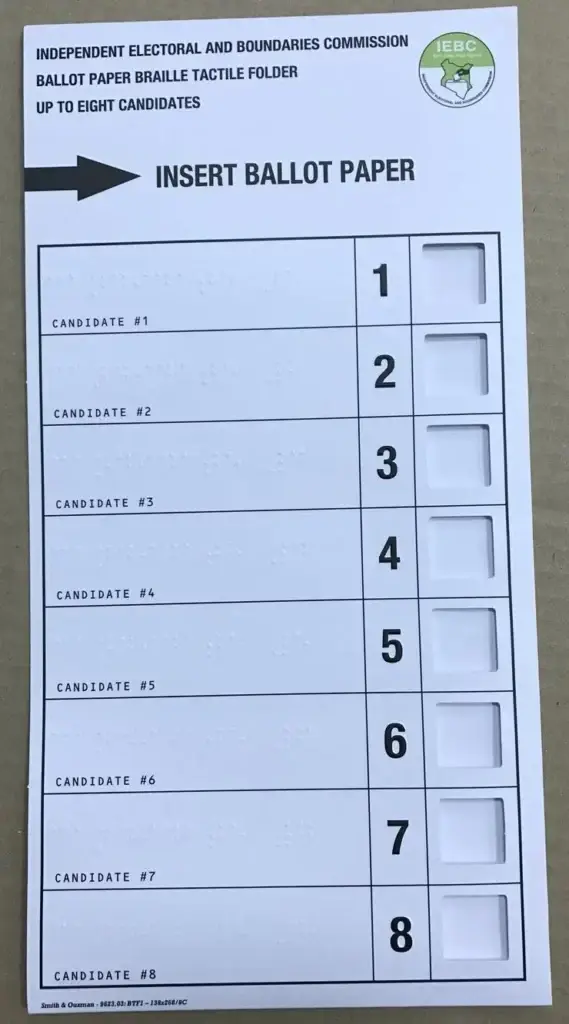 A braille tactile ballot paper folder from IEBC, showing eight candidate slots, illustrating how the primacy effect influences voter perception.