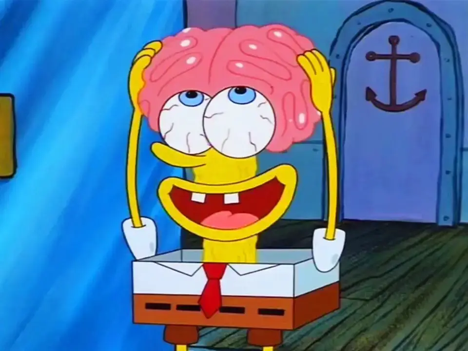 Spongebob Squarepants with a large, exposed brain, looking surprised. Illustrates what is the primacy effect and memory.