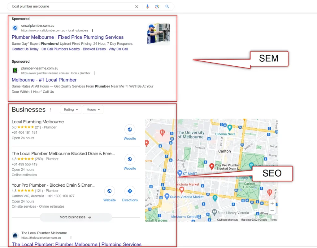 Google search results for 'local plumber melbourne' showing SEM ads and local SEO business listings with a map. This illustrates why search engine marketing is important for local businesses.