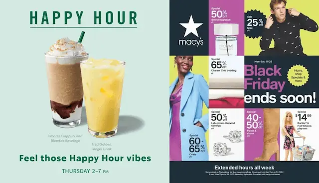 Starbucks Happy Hour ad with two drinks next to a Macy's Black Friday sale ad, demonstrating the psychology of advertising in retail.