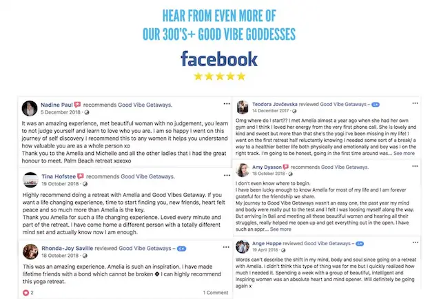 Facebook testimonials from 'Good Vibe Goddesses,' showing positive reviews for a retreat.