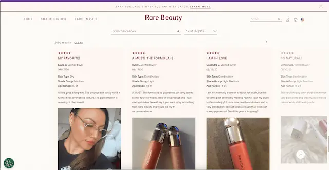 Rare Beauty website displaying customer reviews for makeup products, showing how social proof influences the psychology of advertising.
