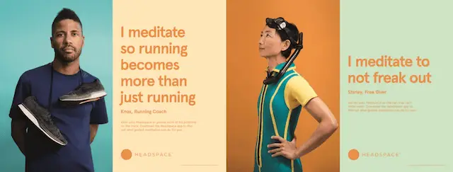 Headspace ads showing a runner and a freediver. These ads use the psychology of advertising to connect meditation with daily activities.