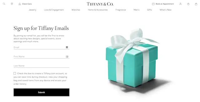 Tiffany & Co. email signup landing page with a teal gift box, promoting email list subscription.