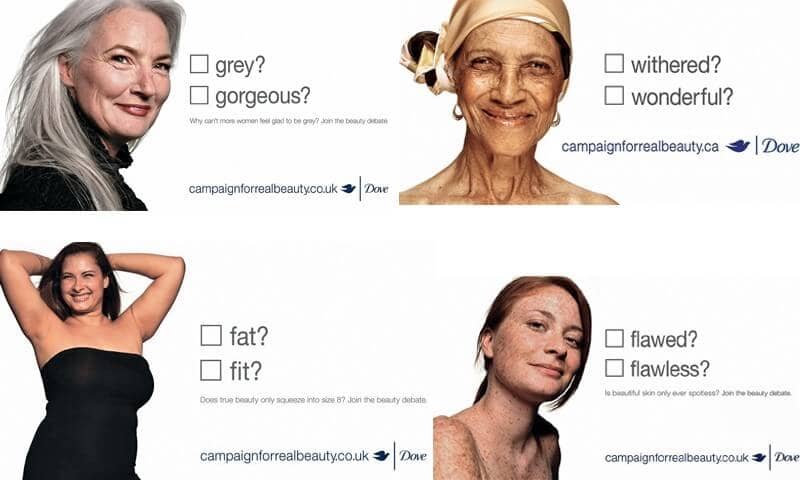 Four Dove advertisements showing women with questions like 'grey? gorgeous?' promoting real beauty and emotional connection.