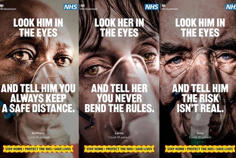 Three NHS COVID-19 campaign posters showing patients with oxygen masks, using emotional appeal to promote safety.