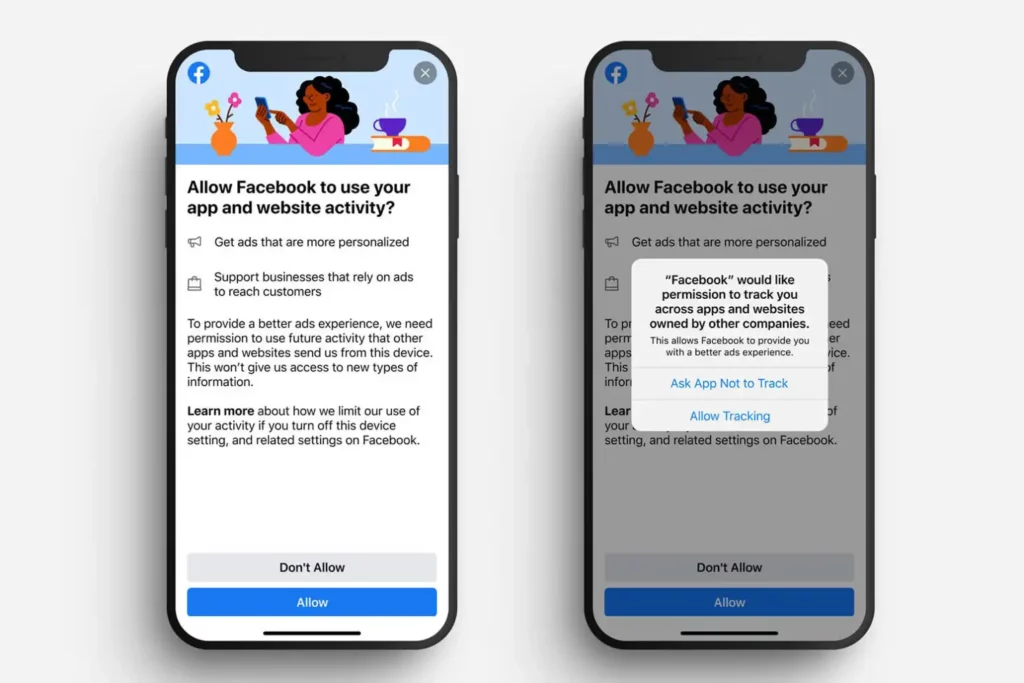 two iphone screens showing facebook's tracking permission prompt, illustrating privacy choices and the impact on personalised ads, highlighting the shift in digital marketing due to the death of third-party cookies.
