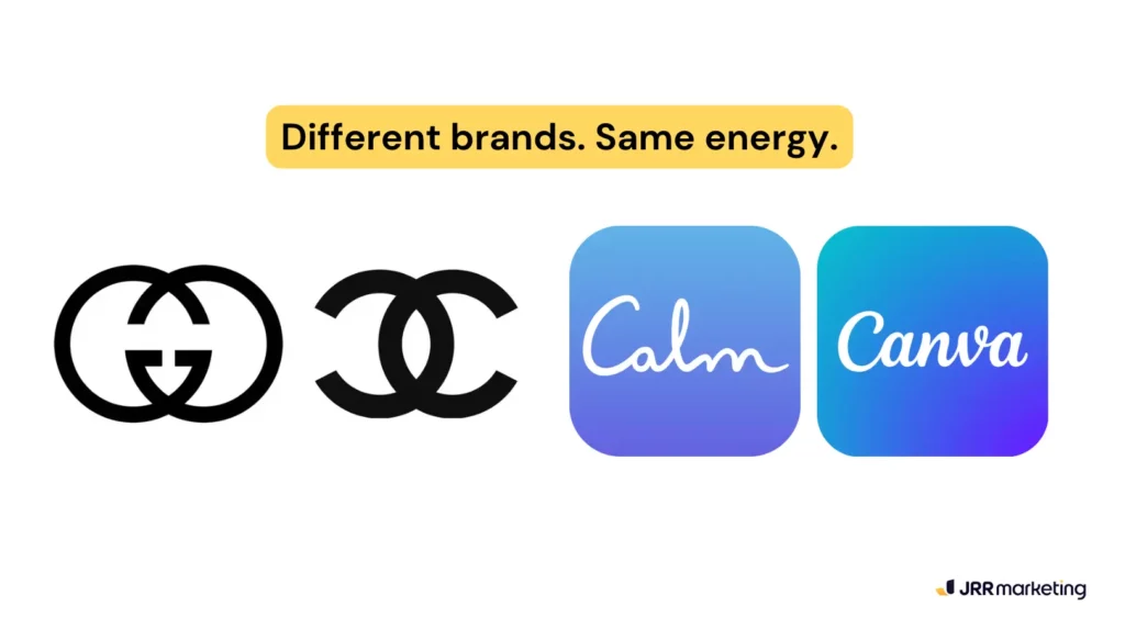 side-by-side logos showing lookalike branding from different companies. a visual example of similarity bias where familiar design builds instant trust.
