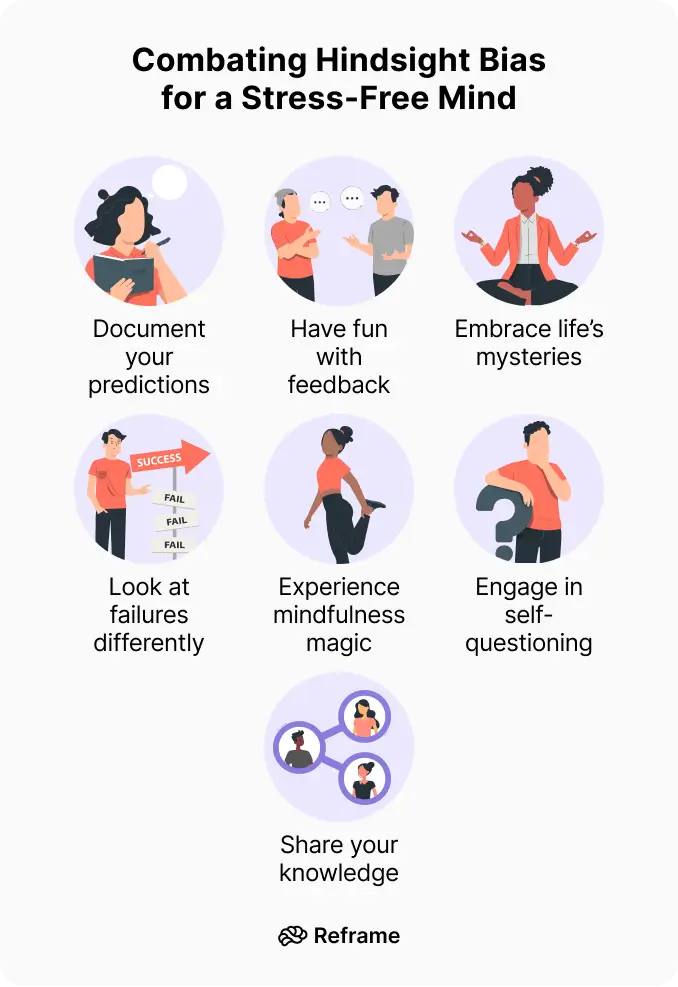 illustrated infographic titled “combating hindsight bias for a stress-free mind” showing seven visual strategies to overcome hindsight bias. these include: documenting your predictions, having fun with feedback, embracing life’s mysteries, looking at failures differently, experiencing mindfulness, engaging in self-questioning, and sharing your knowledge. a colorful and practical visual explanation of what is hindsight bias and how to reduce its mental strain through mindful habits.
