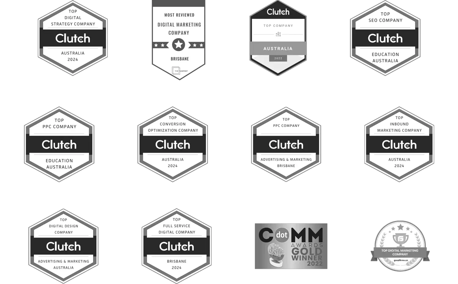 Industry awards and recognition badges including Clutch Top Digital Marketing Company, Top PPC Company, Top SEO Company, and dotCOMM Gold Award